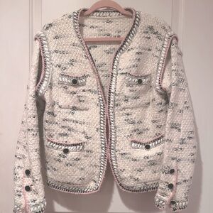 Posh VTG Blazer White & Grey Knit Jacket with Pink Trim - Large